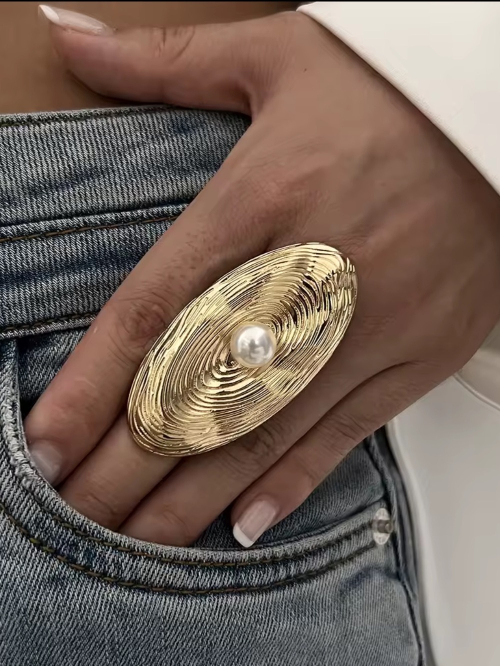 Gold Oval Textured Ring with Pearl Accent